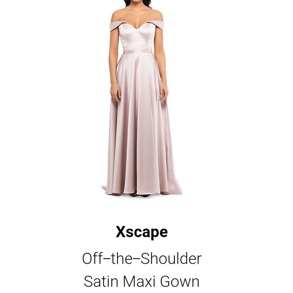 Xscape off shoulder dusty rose satin gown